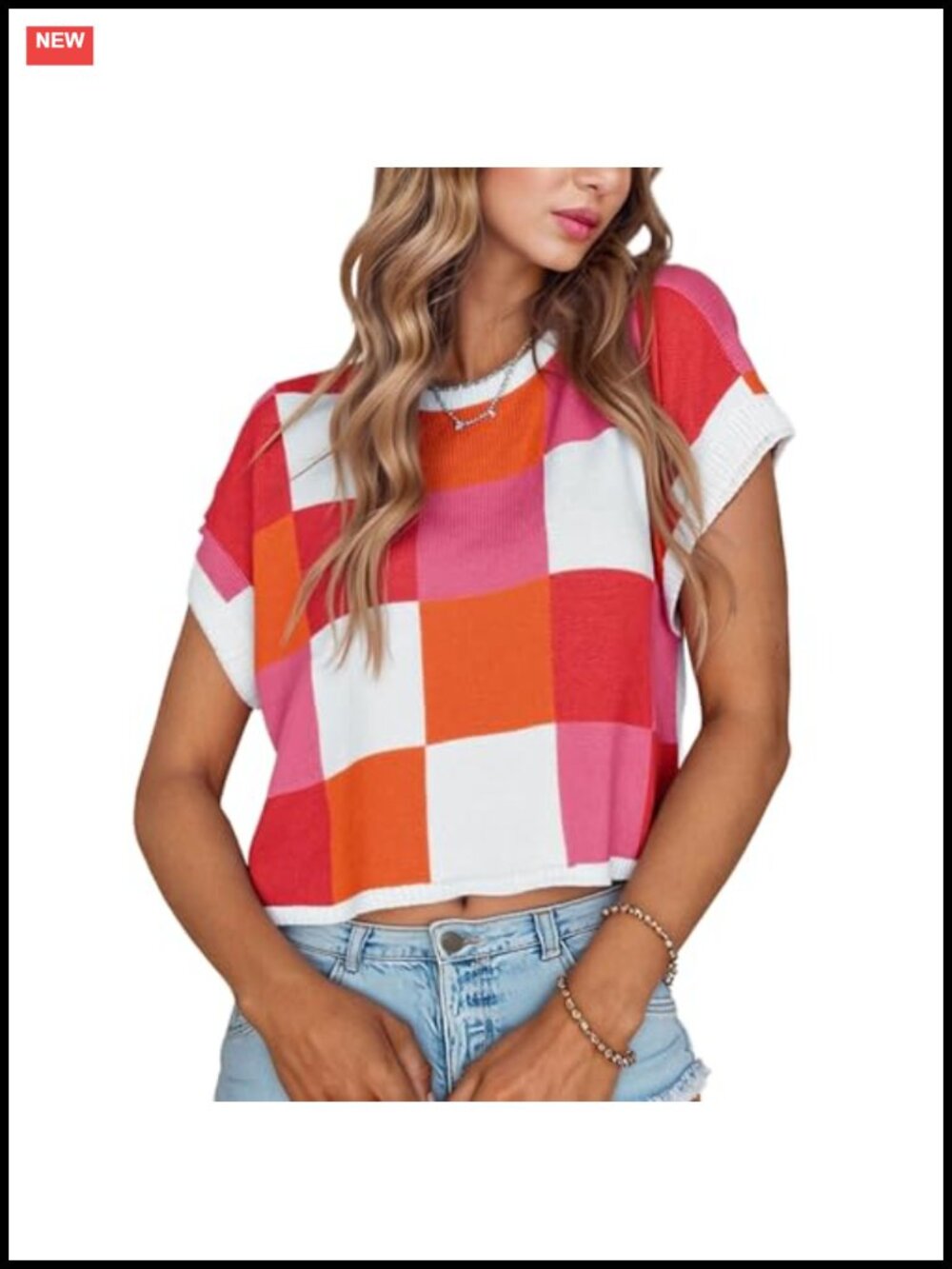 Womens Cap Sleeve Knit Sweater Vest Patchwork Plaid Pullover Crewneck